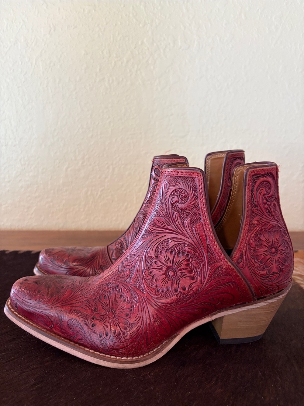 Myra Bag Red Tooled Floral Leather Ankle Booties - Picture 4 of 12